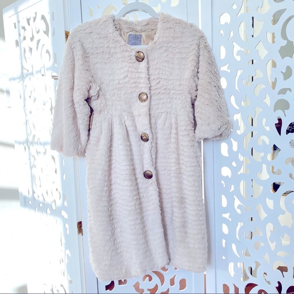 Cream Beige Soft Faux Fur Peplum Half Sleeve Trench Coat Size Small - Picture 2 of 11